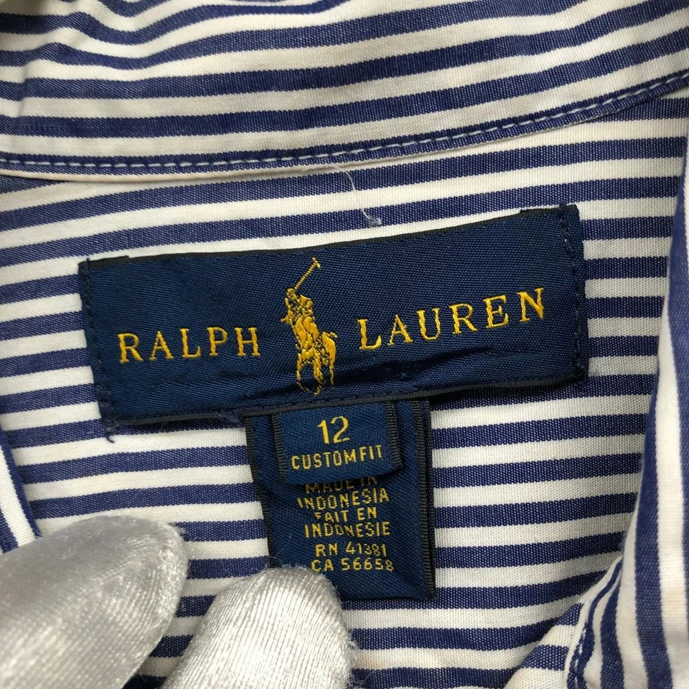 Ralph Lauren Custom Fit Striped Shirt‎ Boys 12 Navy White Long Sleeve Pink Pony